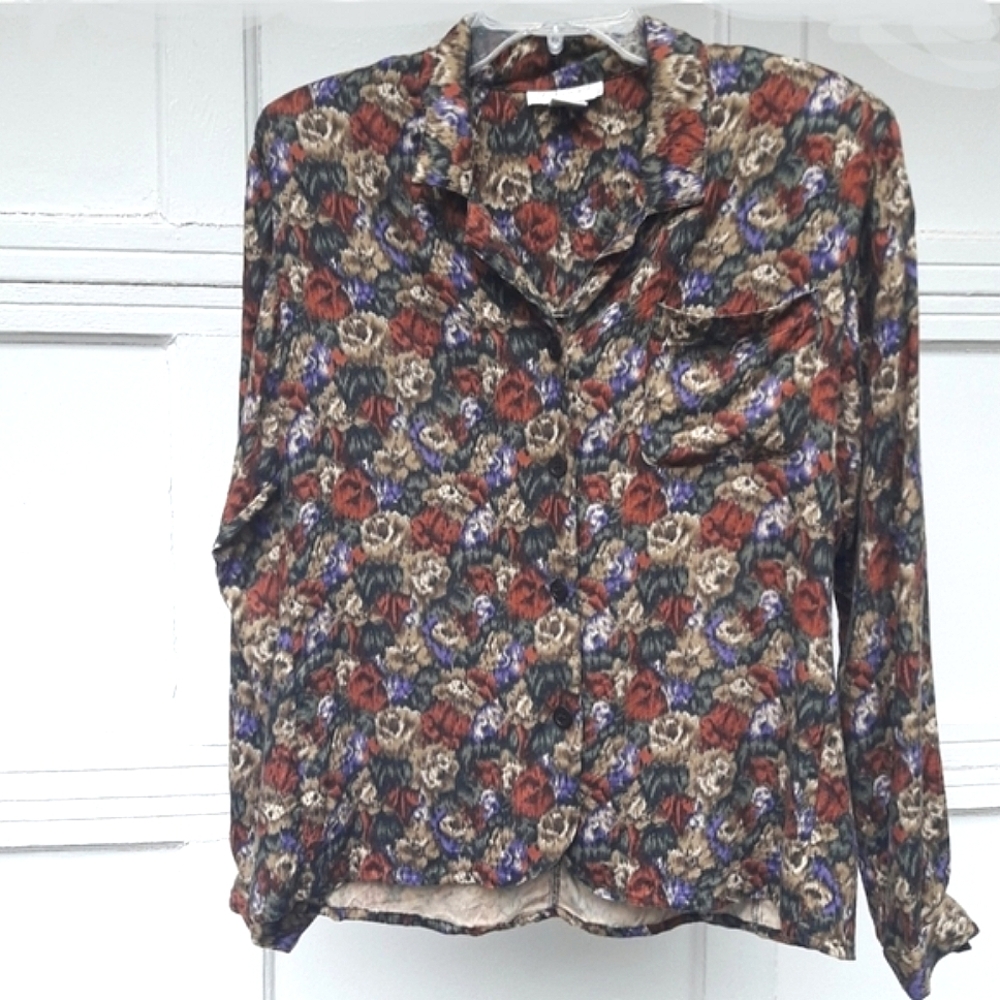 Vintage Paula Saker Shirt Rayon Colorful Print Button Collar Down Long Sleeve